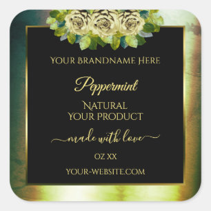 Pegatina Cuadrada Rosas Floral Verde azulados de mármol verde negro 
