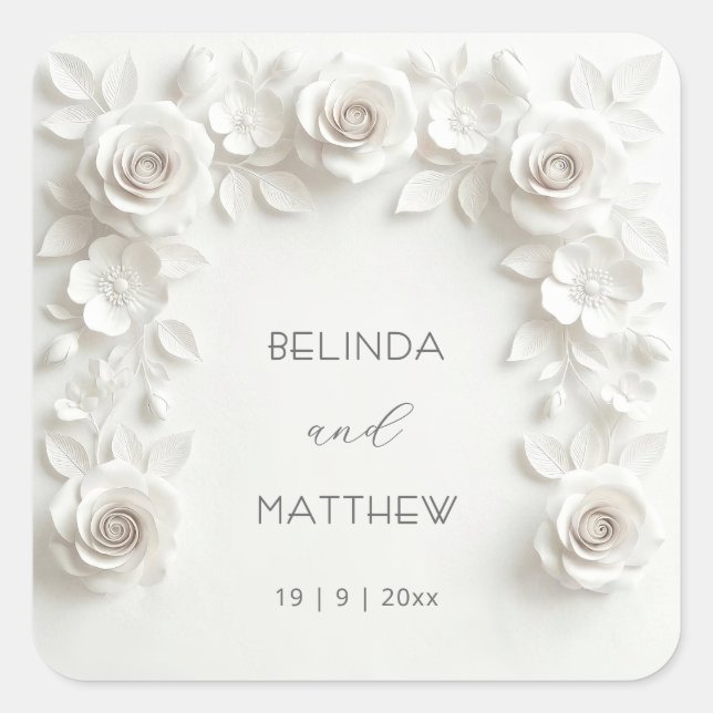 Pegatina Cuadrada Rosas florales 3D blancas | Boda (Anverso)