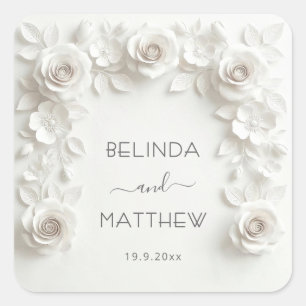 Pegatina Cuadrada Rosas florales blancas en 3D   Boda