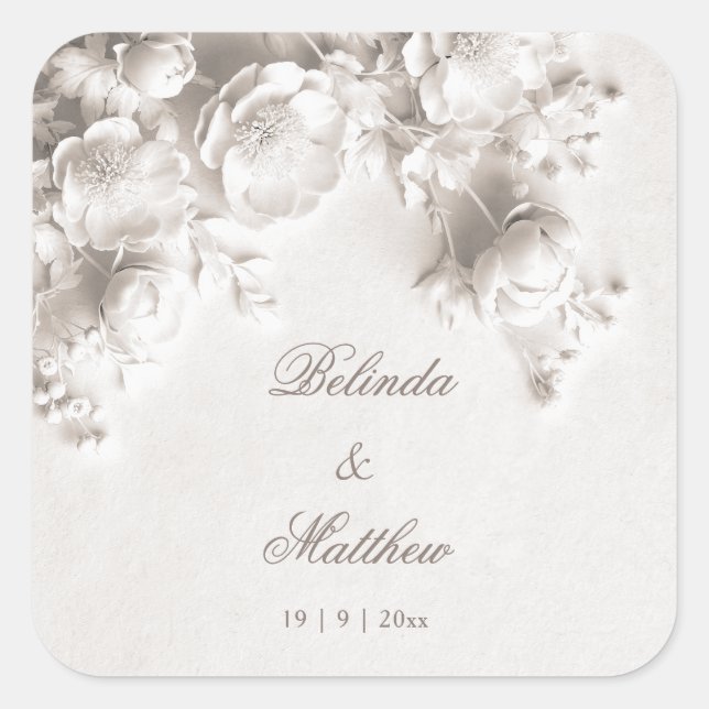 Pegatina Cuadrada Rosas florales blancas en 3D | Boda (Anverso)