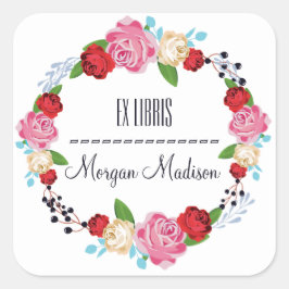 Pegatina Cuadrada Rosas florales de moda Wreath Bookplate