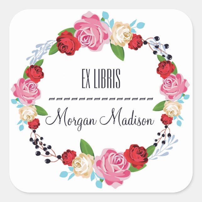 Pegatina Cuadrada Rosas florales de moda Wreath Bookplate (Anverso)