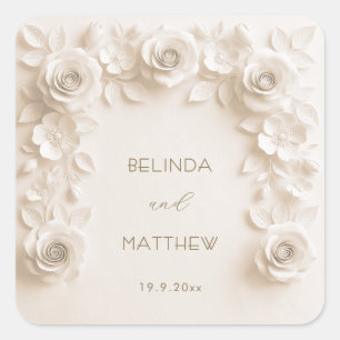 Pegatina Cuadrada Rosas florales en 3D de marfil Boda