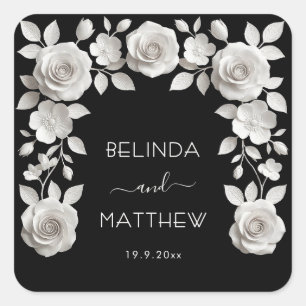 Pegatina Cuadrada Rosas Florales en 3D en Blanco y Negro Boda