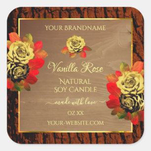 Pegatina Cuadrada Rosas florales Etiquetas de productos de madera de