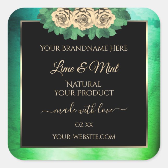 Pegatina Cuadrada Rosas florales Verde azulados Marble verde Etiquet (Anverso)