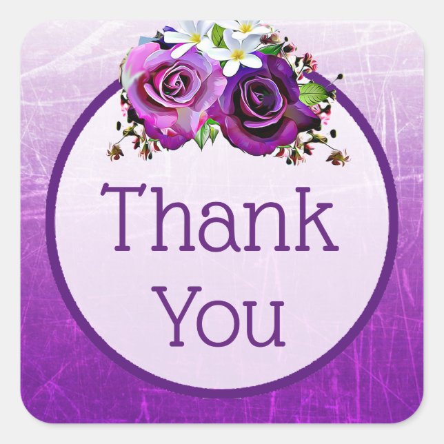 Pegatina Cuadrada Rosas morados Floral Gracias Pegatinas (Anverso)
