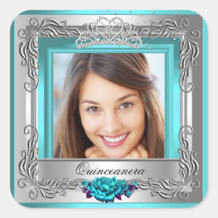 Pegatina Cuadrada Rosas Plateadas de Verde Azul Quinceañera Cumpleañ