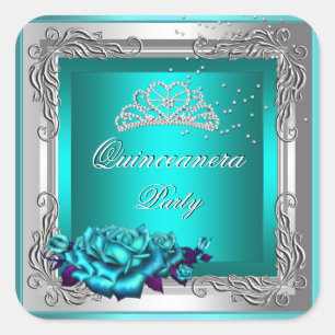 Pegatina Cuadrada Rosas Plateadas Verde Azul Quinceañera Cumpleaños 