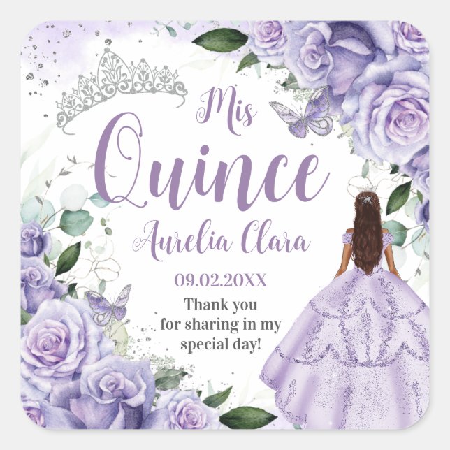 Pegatina Cuadrada Rosas púrpura de Quinceañera Princesa de Plata Flo (Anverso)