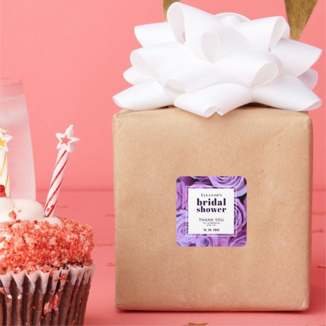 Pegatina Cuadrada Rosas Púrpura Modernos Ducha Bridal Gracias A Favo (Fiesta)