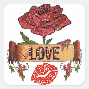 Pegatina Cuadrada Rosas Rockabilly RAB, Amor y Pintalabios