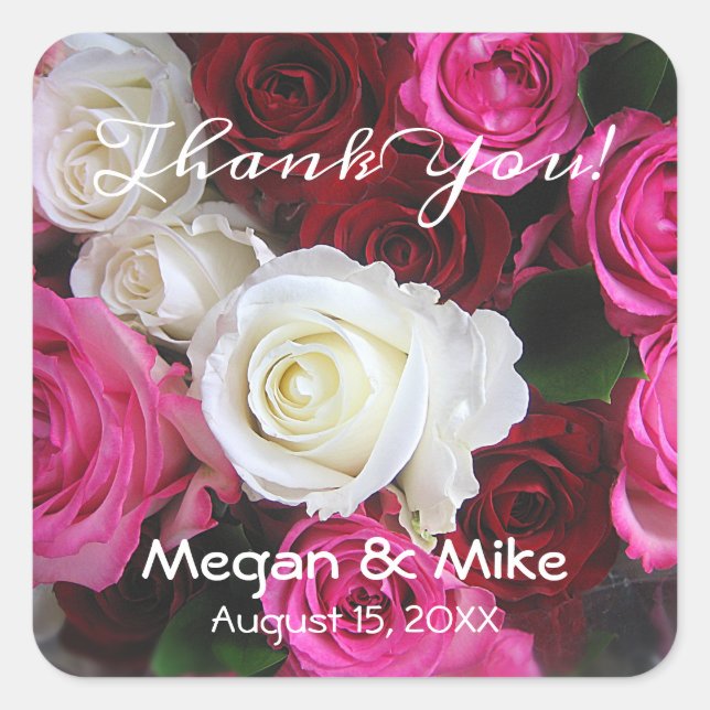 Pegatina Cuadrada Rosas rojas blancas rosadas Bouquet, nombres de br (Anverso)
