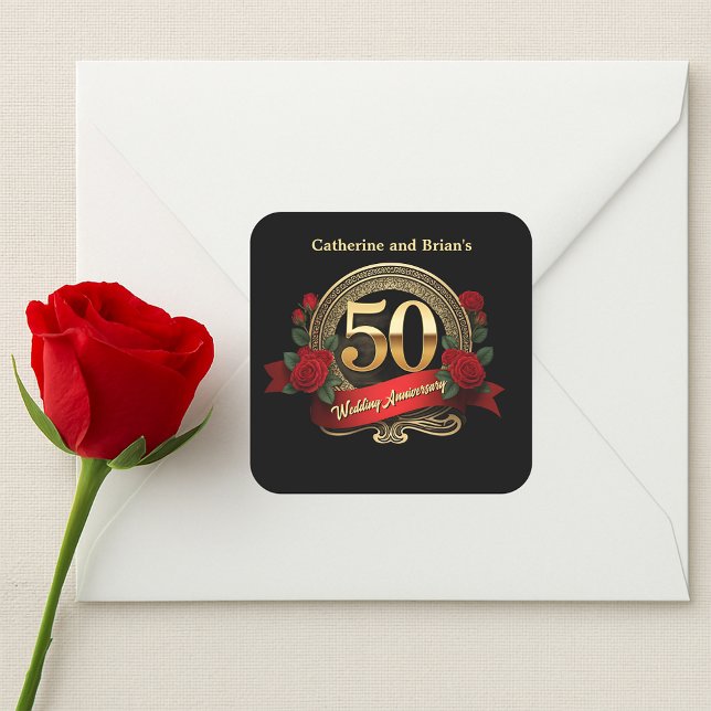 Pegatina Cuadrada Rosas Rojas Doradas Bodas de Oro 50 Aniversario de (Subido por el creador)