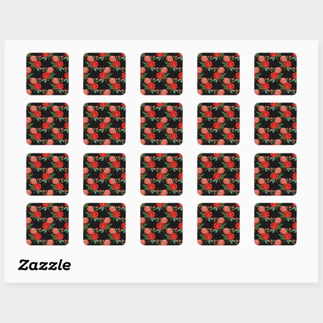 Pegatina Cuadrada Rosas Rojas, Fondo Negro, (Hoja)