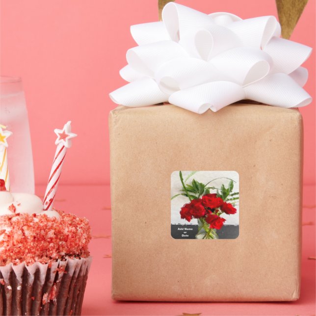 Pegatina Cuadrada Rosas rojas pintadas sobre fondo blanco y negro (Fiesta)