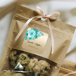 Pegatina Cuadrada Rosas románticos turquesa en Boda de oro