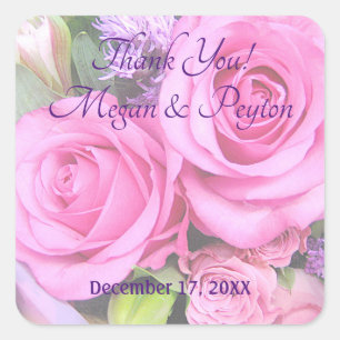 Pegatina Cuadrada Rosas Rosa Rosadas, Boda Gracias Por Sus Nombres Y