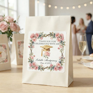 Pegatina Cuadrada Rosas Rosadas Elegantes con Gorra Dorada Agradecim