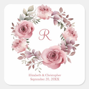 Pegatina Cuadrada Rosas Rosadas Monograma Vegetación Acuarela Boda