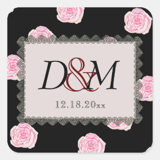 Pegatina Cuadrada Rosas rosados de col y Boda de encaje negro