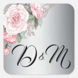 Pegatina Cuadrada Rosas rosas rosas y Boda plateado