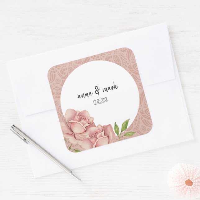 Pegatina Cuadrada Rosas Rubor violeta suave acuarela (Sobre)