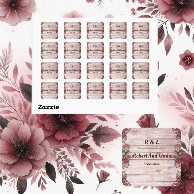 Pegatina Cuadrada Rosas rústicos de Woodland celebran matrimonio flo (Rustic Woodland Roses Floral Country Wedding Square Sticker)