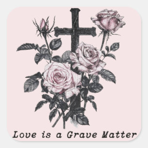 Pegatina Cuadrada Rosas y cruz del cementerio oculto gótico