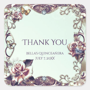 Pegatina Cuadrada Rosas y mariposas Fiesta de Quinceañera Bronze