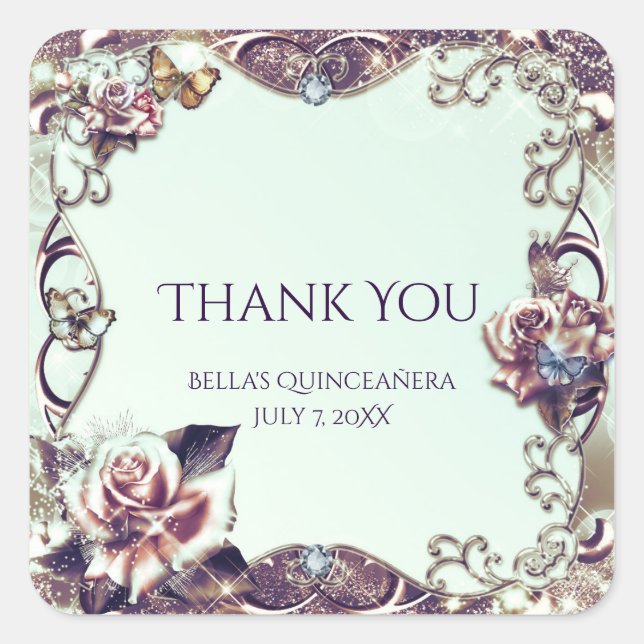 Pegatina Cuadrada Rosas y mariposas Fiesta de Quinceañera Bronze (Anverso)