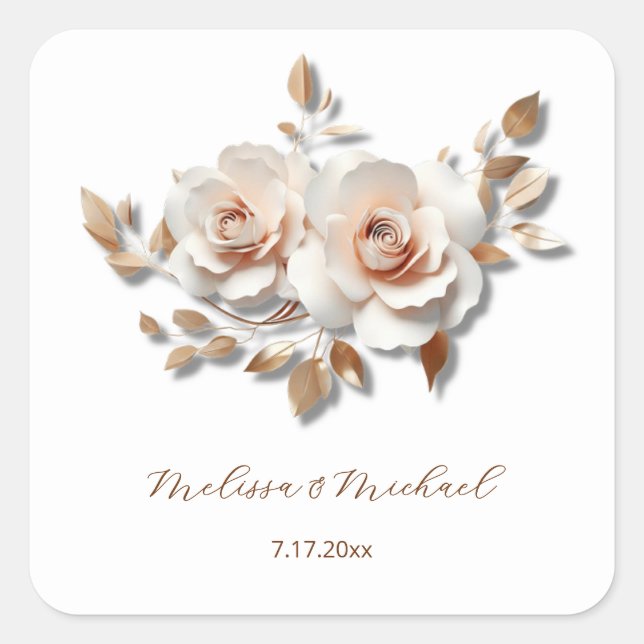 Pegatina Cuadrada Rose Gold Blush Pink 3D Roses Your Names Wedding (Anverso)
