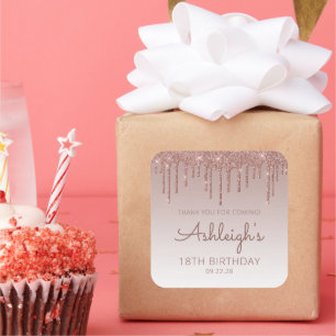 Pegatina Cuadrada Rose Gold Glitter Drip Cumpleaños 18 Agradecimient
