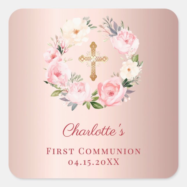 Pegatina Cuadrada Rose gold pink floral wreath First Communion (Anverso)