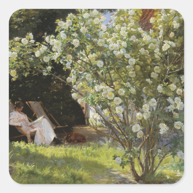 Pegatina Cuadrada Roses. Marie Krøyer seated in the deckchair (Anverso)