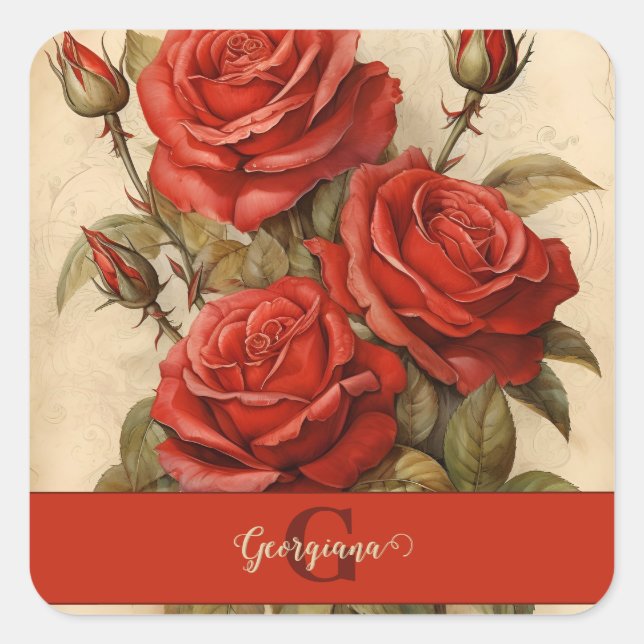Pegatina Cuadrada Roses rojos florales de color de agua vintage pers (Anverso)