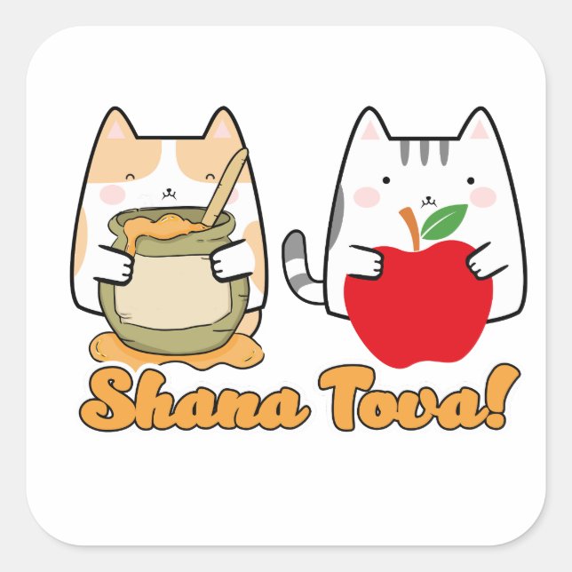 Pegatina Cuadrada Rosh Hashanah kawaii Gatos - Año nuevo judío (Anverso)