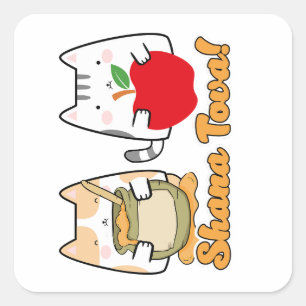 Pegatina Cuadrada Rosh Hashanah kawaii Gatos - Año nuevo judío
