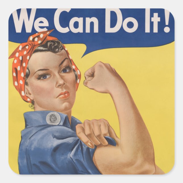 Pegatina Cuadrada Rosie la Remachadora: Mujeres Fuertes Empoderamien (Anverso)