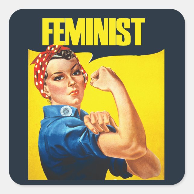 Pegatina Cuadrada Rosie Riveter, la feminista vendista (Anverso)