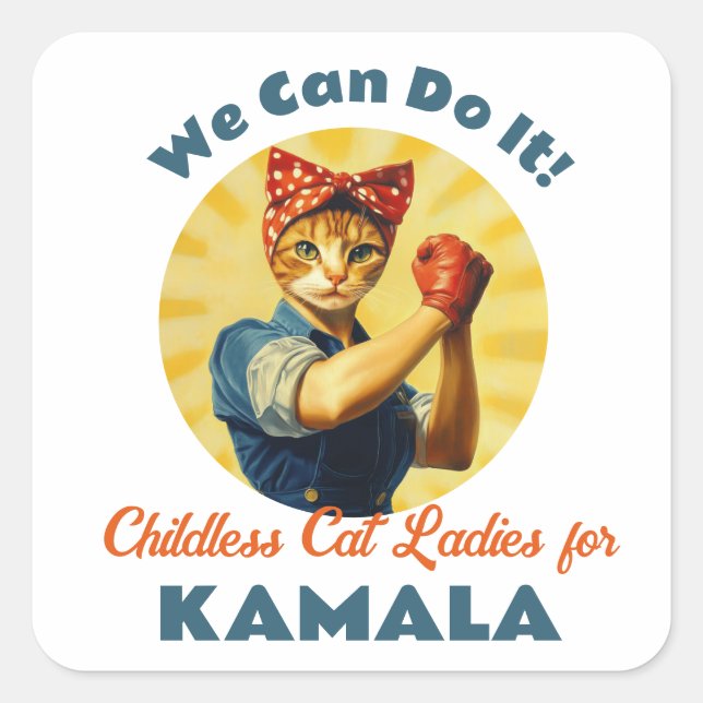 Pegatina Cuadrada Rosie The Riveter Cat Ladies Para Kamala Harris (Anverso)