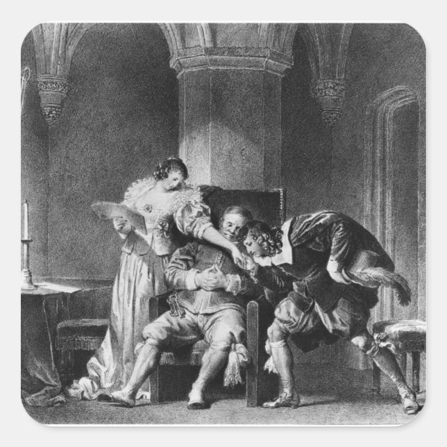 Pegatina Cuadrada Rosine, Bartholo, Conde Almaviva (Anverso)