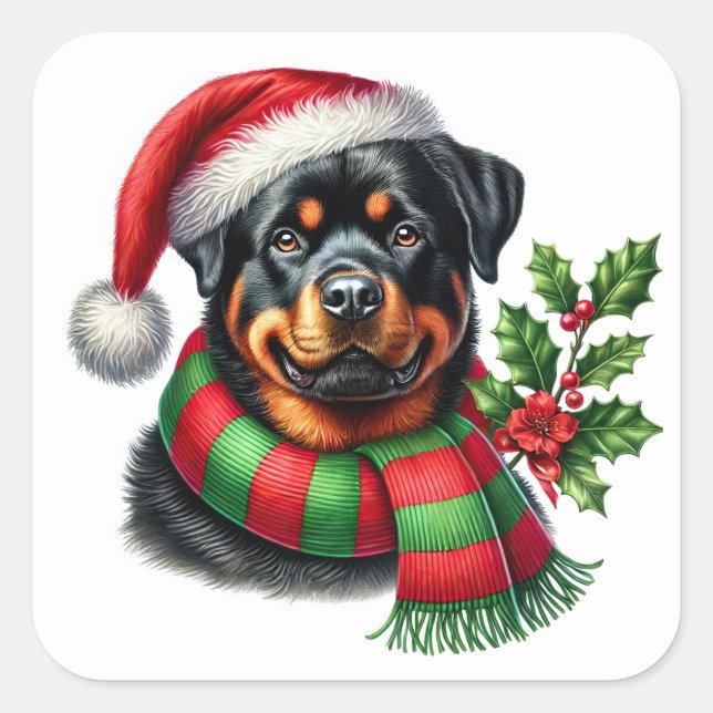 Pegatina Cuadrada Rottweiler alegre con Navidades Gorra y bufanda (Anverso)