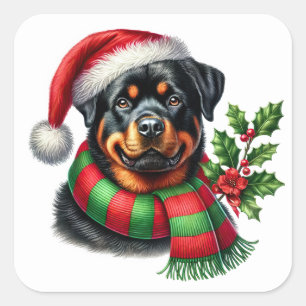 Pegatina Cuadrada Rottweiler alegre con Navidades Gorra y bufanda
