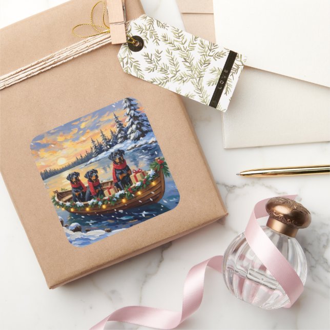 Pegatina Cuadrada Rottweiler Christmas Boat Holiday (Regalar)