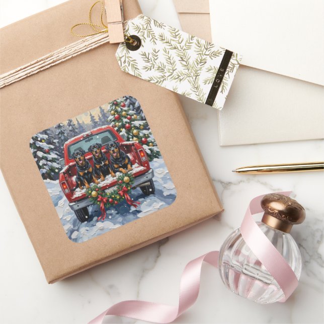 Pegatina Cuadrada Rottweiler Christmas Red Truck Holiday (Regalar)