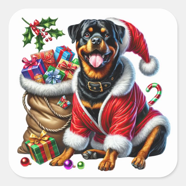 Pegatina Cuadrada Rottweiler con atuendo festivo con regalos de Navi (Anverso)