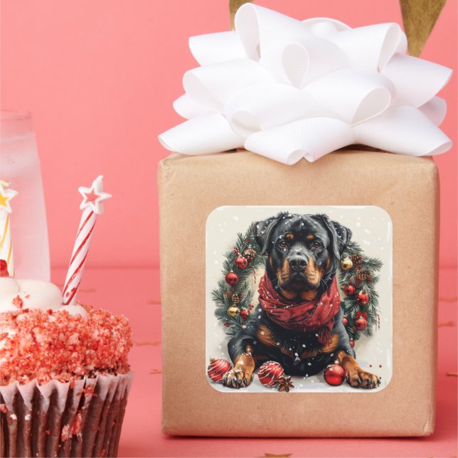 Pegatina Cuadrada Rottweiler con Navidades Wreath (Fiesta)