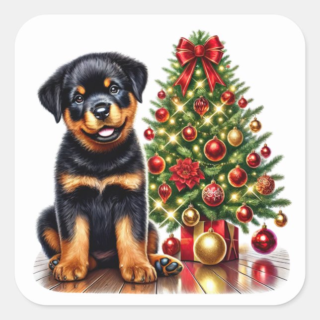 Pegatina Cuadrada Rottweiler con un árbol de Navidad con regalos (Anverso)