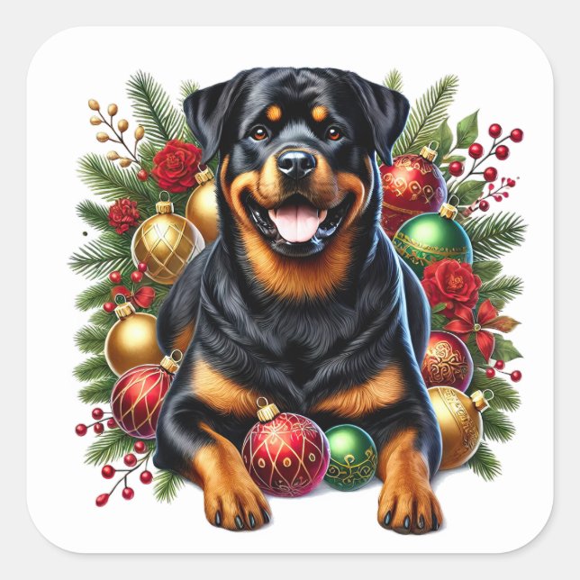 Pegatina Cuadrada Rottweiler En Medio De Ornamentos De Navidad (Anverso)